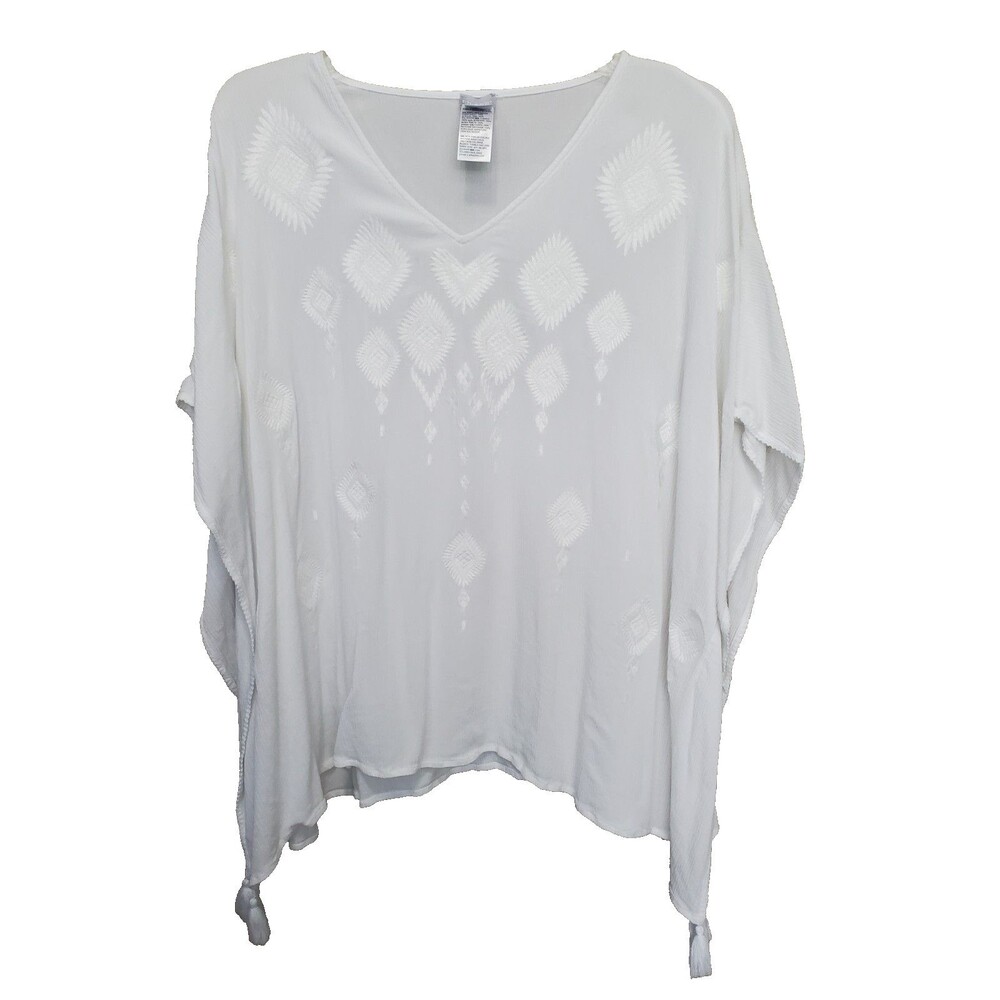 Chico's White Rayon Embroidered Tasseled Poncho Swim Cover-Up Size L/XL